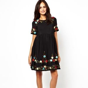 ASOS 0 Black Embroidered Dress Floral Sheer Swing